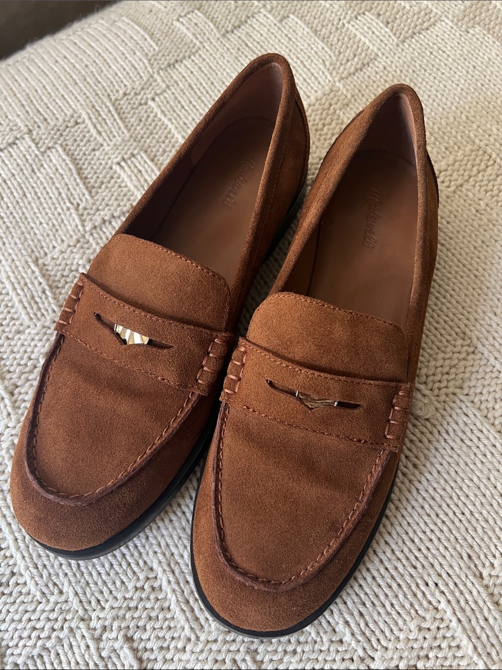 Madewell Suede Penny Loafers in Chestnut Brown